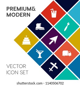 Modern, simple vector icon set on colorful flat background with airplane, bakery, paint, juice, brush, cursor, cake, food, work, flight, cocktail, painter, paintbrush, drink, plane, ice, pastry icons