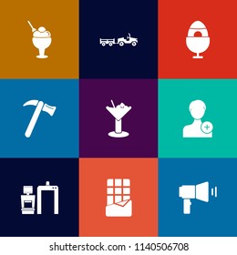 Modern, simple vector icon set on colorful flat backgrounds with transport, shipping, tool, cocktail, hammer, easter, megaphone, account, vanilla, white, chocolate, food, decoration, spring, van icons