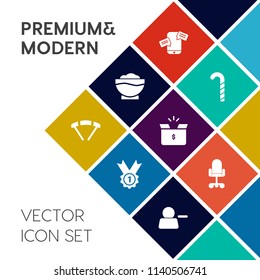 Modern, simple vector icon set on colorful flat background with air, parachuting, container, dessert, lolly, food, chair, menu, package, striped, box, chat, medal, message, drink, prize, mobile icons