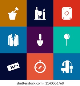 Modern, simple vector icon set on colorful flat backgrounds with childhood, shovel, fitness, flight, ticket, north, map, suit, airplane, outdoor, pin, tool, vine, black, drink, child, travel icons
