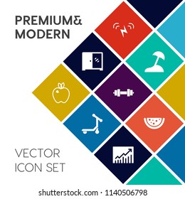 Modern, simple vector icon set on colorful flat background with ripe, delivery, ride, sun, solar, interior, travel, vegetarian, cabinet, home, speed, ecology, fitness, graph, apple, healthy, sea icons