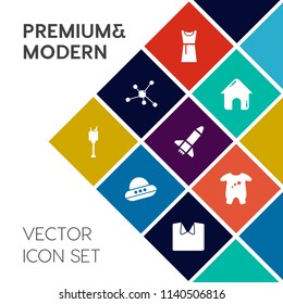 Modern, simple vector icon set on colorful flat background with business, fashion, ice, beauty, city, launch, rocket, chemistry, house, spacecraft, alcohol, home, drink, baby, science, white icons