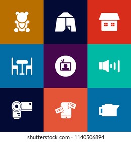 Modern, simple vector icon set on colorful flat backgrounds with cafe, landscape, phone, drink, home, screen, adventure, photo, brown, camera, communication, outdoor, chat, volume, coffee, fun icons