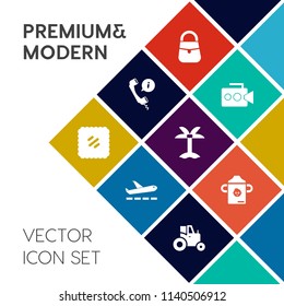 Modern, simple vector icon set on colorful flat background with bottle, female, support, stamp, nature, farm, mail, tropical, tractor, film, fashion, camcorder, postage, plastic, letter, field icons