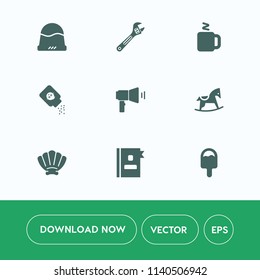 Modern, simple vector icon set on white background with sea, tool, object, headwear, work, coffee, repair, hot, child, fashion, cap, wrench, marine, cup, book, telephone, seashell, style, bottle icons