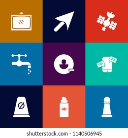 Modern, simple vector icon set on colorful flat backgrounds with user, bottle, road, mobile, strategy, traffic, fashion, tv, sink, chess, king, television, wireless, entertainment, beauty, sign icons