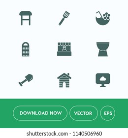 Modern, simple vector icon set on white background with furniture, store, interior, chair, musical, home, drink, comfortable, water, cloud, white, pan, estate, shovel, summer, armchair, market icons