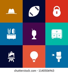 Modern, simple vector icon set on colorful flat backgrounds with cocktail, spoon, drawer, sign, ball, action, drawing, glass, protection, bar, hat, key, artist, public, goal, object, bathroom icons