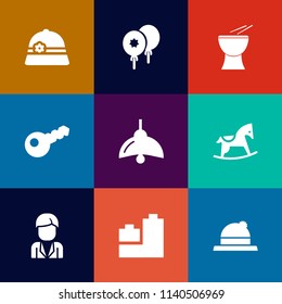 Modern, simple vector icon set on colorful flat backgrounds with clothing, electric, musical, house, lamp, horse, electricity, fashion, happy, key, birthday, air, celebration, lock, bulb, cap icons