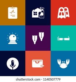 Modern, simple vector icon set on colorful flat backgrounds with , magic, sorcery, cleaner, crab, technology, fresh, food, glasses, housework, audio, heart, sound, spray, sale, water, diver, bag icons