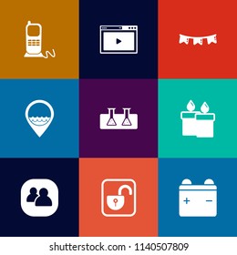 Modern, simple vector icon set on colorful flat backgrounds with security, communication, work, stationary, unlock, lock, colorful, happy, website, technology, flag, celebration, open, video icons