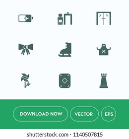 Modern, simple vector icon set on white background with blossom, nature, chief, battery, play, bow, load, charger, king, entrance, diagnostic, architecture, energy, glass, power, equipment, scan icons