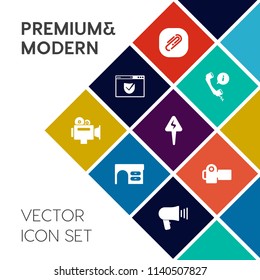 Modern, simple vector icon set on colorful flat background with photographer, top, phone, call, contact, loudspeaker, center, attachment, technology, notebook, business, clip, table, speaker icons