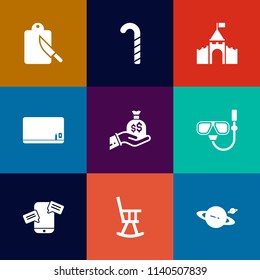 Modern, simple vector icon set on colorful flat backgrounds with mobile, astronomy, sweet, finance, summer, chalk, restaurant, sack, stick, tool, cutlery, sea, knife, medieval, table, food, chat icons