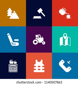 Modern, simple vector icon set on colorful flat backgrounds with match, green, pine, nature, court, phone, tractor, cricket, agricultural, forest, cup, competitive, justice, landscape, lawyer icons
