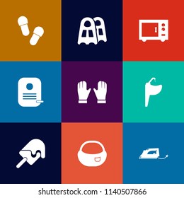 Modern, simple vector icon set on colorful flat backgrounds with tap, background, id, identity, sink, business, water, mixer, sport, rucksack, footwear, pair, sweet, graphic, backpack, object icons