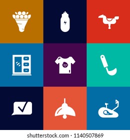Modern, simple vector icon set on colorful flat backgrounds with bike, clothing, home, young, beautiful, interior, cooking, light, bulb, fitness, cabinet, bouquet, horse, soup, healthy, chat icons