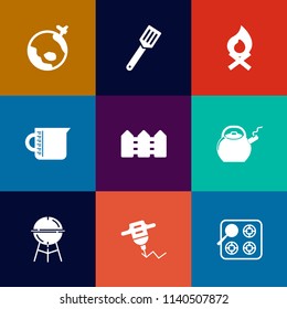 Modern, simple vector icon set on colorful flat backgrounds with oven, top, food, grill, camp, bonfire, gas, blue, flight, hand, earth, container, pot, campfire, machine, fence, stove, travel icons