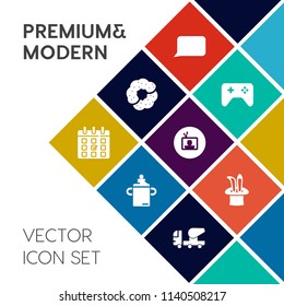 Modern, simple vector icon set on colorful flat background with schedule, tv, food, plastic, muffin, white, concrete, bottle, bubble, cupcake, sweet, joystick, nutrition, time, game, baby, magic icons