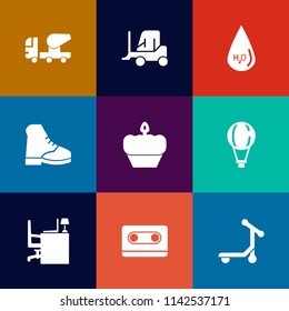 Modern, simple vector icon set on colorful flat backgrounds with parachute, transport, drop, water, cement, scooter, vehicle, industrial, mixer, jump, retro, liquid, clean, dessert, cassette icons