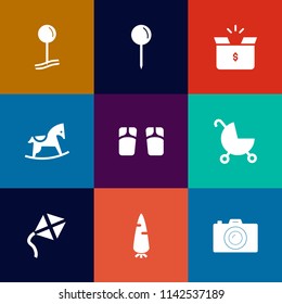 Modern, simple vector icon set on colorful flat backgrounds with wood, web, horse, box, drop, transportation, photography, shipping, carrot, raw, fresh, package, stroller, map, baby, carton, kid icons