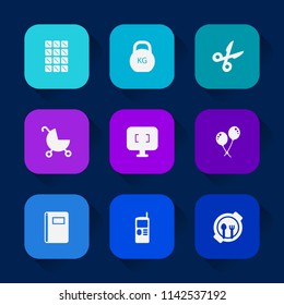 Modern, simple vector icon set on colorful long shadow backgrounds with technology, mobile, decoration, kid, sign, book, food, vintage, paper, birthday, brown, telephone, stroller, notebook icons.