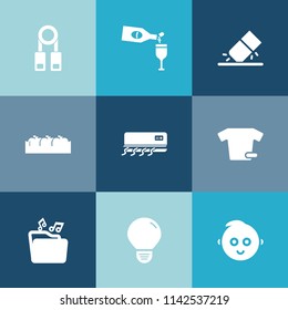 Modern, simple vector icon set on colorful blue backgrounds with restaurant, light, fashion, alcohol, drawing, white, beverage, erase, lecture, clothing, education, air, energy, eraser, training icons