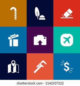 Modern, simple vector icon set on colorful flat backgrounds with dessert, pin, box, food, road, black, colorful, location, stick, travel, white, office, sign, lolly, repair, pen, lollipop, sweet icons