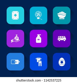 Modern, simple vector icon set on colorful long shadow backgrounds with spring, casino, finance, ventilator, black, clean, cooling, bottle, speed, hygiene, electric, business, bag, liquid, air icons.