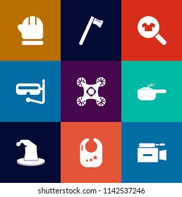 Modern, simple vector icon set on colorful flat backgrounds with fashion, gloves, tool, winter, meal, summer, film, mittens, hat, drone, circus, hammer, clothing, wrench, repair, mask, toy, work icons