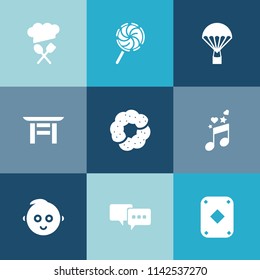 Modern, simple vector icon set on colorful blue backgrounds with extreme, childhood, lolly, lollipop, child, music, cute, head, jump, baby, dessert, note, air, fly, kid, sport, striped, travel icons