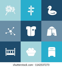 Modern, simple vector icon set on colorful blue backgrounds with choice, stick, technology, bird, wildlife, bedroom, road, direction, dessert, atom, child, lollipop, molecule, cake, camp, baby icons