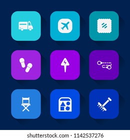 Modern, simple vector icon set on colorful long shadow backgrounds with medicine, stamp, slipper, mail, bear, care, aircraft, vintage, pair, chain, medical, flight, energy, ball, airplane, seat icons.