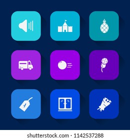 Modern, simple vector icon set on colorful long shadow backgrounds with fresh, tropical, ball, fruit, green, sport, healthy, organic, blossom, bouquet, network, furniture, beautiful, bowling icons.