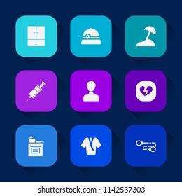 Modern, simple vector icon set on colorful long shadow backgrounds with dentist, dentistry, fashion, tool, object, beach, cap, user, love, care, cooking, hat, clothing, heart, white, palm, oven icons.