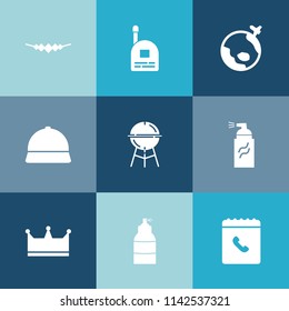 Modern, simple vector icon set on colorful blue backgrounds with walkie, communication, grill, fun, fashion, necklace, child, accessory, concept, meat, jewelry, book, abstract, world, sign, gem icons