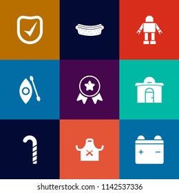 Modern, simple vector icon set on colorful flat backgrounds with kayaking, first, security, activity, dinner, meal, adventure, hotdog, estate, sign, eat, real, restaurant, future, hot, building icons