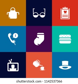Modern, simple vector icon set on colorful flat backgrounds with cooking, clothes, headset, technology, socks, apron, television, vision, center, protective, call, support, drink, eye, phone, tv icons