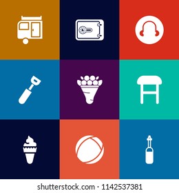 Modern, simple vector icon set on colorful flat backgrounds with transport, technology, medicine, sign, nature, money, travel, tool, armchair, vacation, safe, bank, journey, pink, ball, home icons