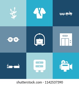 Modern, simple vector icon set on colorful blue backgrounds with equipment, retro, hotel, delivery, lift, van, shipping, entrance, food, plant, sign, video, agriculture, drawer, transport, smart icons