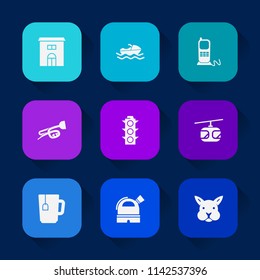 Modern, simple vector icon set on colorful long shadow backgrounds with sea, city, boat, home, transport, trumpet, ocean, phone, blue, green, technology, building, lamp, house, telephone, tea icons.