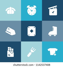 Modern, simple vector icon set on colorful blue backgrounds with shirt, roll, fashion, sport, alarm, japanese, timer, rice, knife, duck, sale, vintage, bell, japan, bar, discount, watch, hour icons