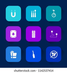 Modern, simple vector icon set on colorful long shadow backgrounds with calendar, destination, white, dentist, magnet, restaurant, bicycle, agenda, black, health, toothbrush, fork, knife, box icons.