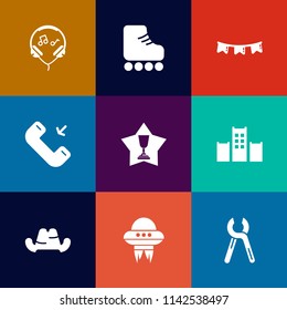 Modern, simple vector icon set on colorful flat backgrounds with sport, sound, fashion, skating, achievement, call, leisure, clothing, sign, shoe, space, listen, repair, happy, roller, vacation icons