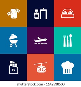 Modern, simple vector icon set on colorful flat backgrounds with food, medical, chat, fork, barbecue, white, bar, internet, health, double, house, scan, chocolate, mobile, home, knife, sign, bed icons