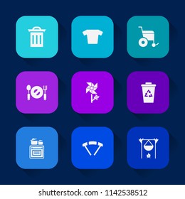 Modern, simple vector icon set on colorful long shadow backgrounds with hot, parachuting, bonfire, modern, clothing, food, pollution, blossom, fireplace, accessibility, handicap, waste, shirt icons.