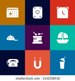 Modern, simple vector icon set on colorful flat backgrounds with event, time, minute, beverage, sea, vessel, sign, cup, play, boat, headwear, schedule, communication, clock, business, calendar icons