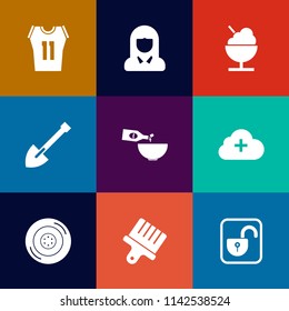 Modern, simple vector icon set on colorful flat backgrounds with label, paint, dessert, protection, food, team, cloud, beautiful, icecream, white, tool, drawing, glass, dinner, construction, car icons