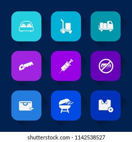 Modern, simple vector icon set on colorful long shadow backgrounds with tool, transport, medical, warehouse, double, transportation, equipment, freight, delivery, home, shipping, , conditioner icons.