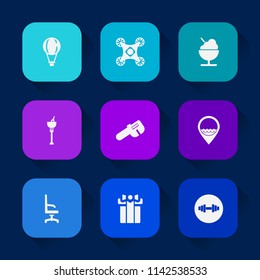 Modern, simple vector icon set on colorful long shadow backgrounds with dessert, fitness, celebration, interior, work, drink, extreme, air, wine, present, sky, ice, hammer, radio, copter, fly icons.